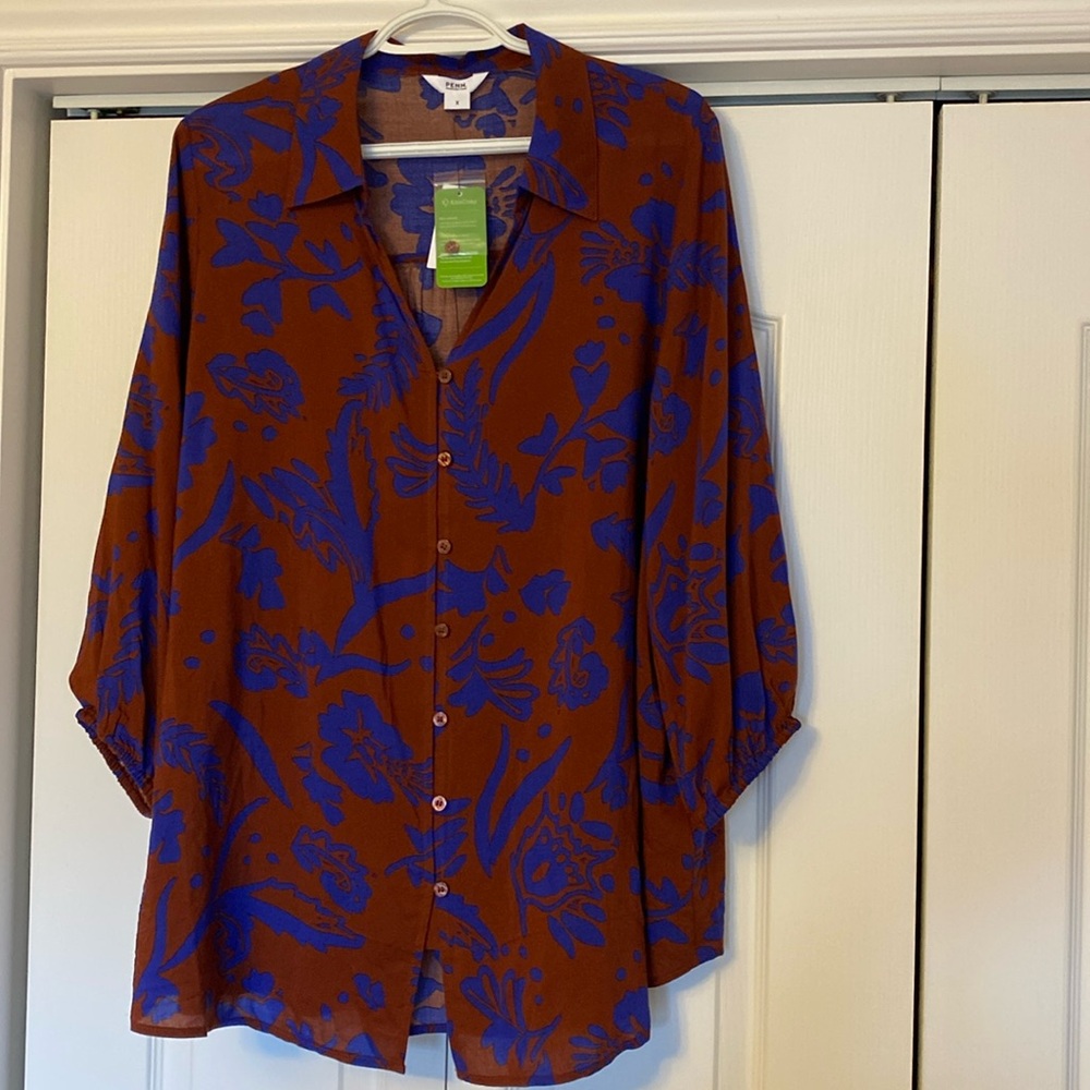 Pennington’s Eco Cosy brown & purple button front blouse 3/4 sleeves viscose NWT